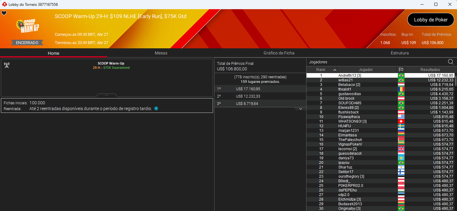 PokerStars SCOOP Warm-Up: 29-H US$ 109 NLHE 27.04.2025
