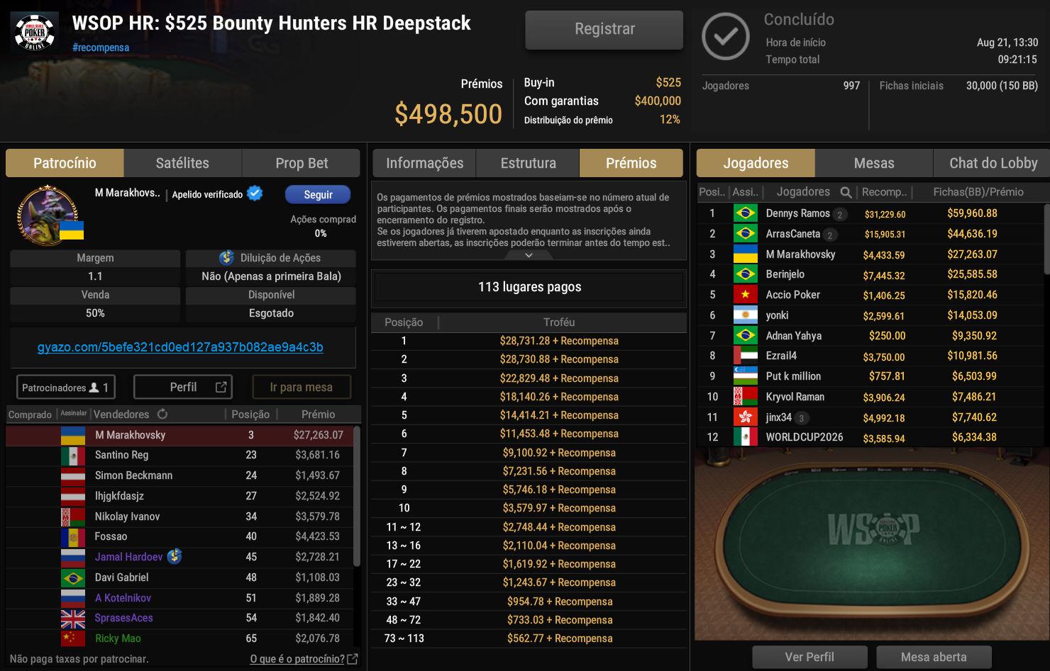 GGPoker WSOP Online US$ 525 Bounty Hunters HR Deepstack 21ago2025