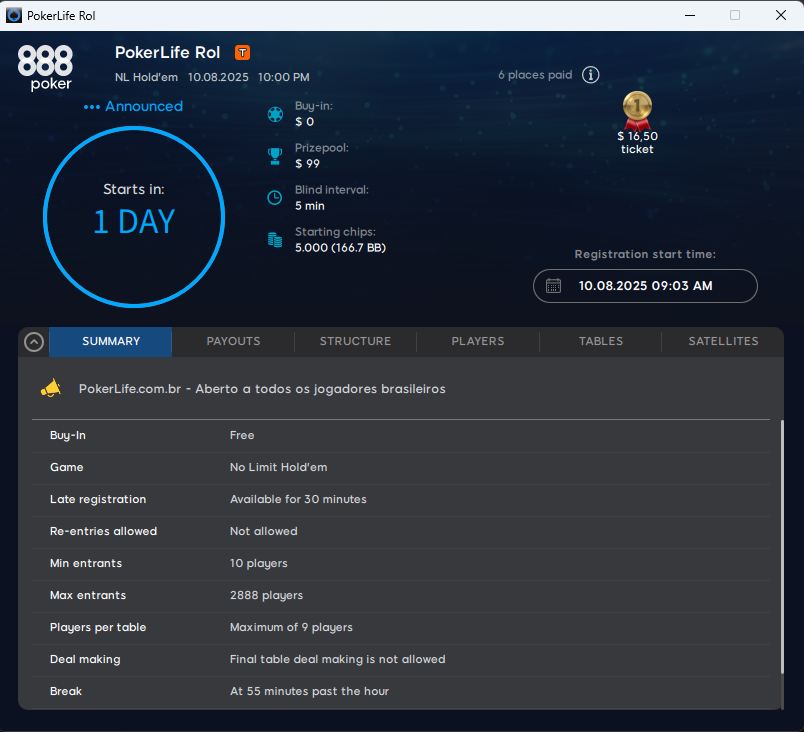PokerLife Rol Infos 10.08.2025