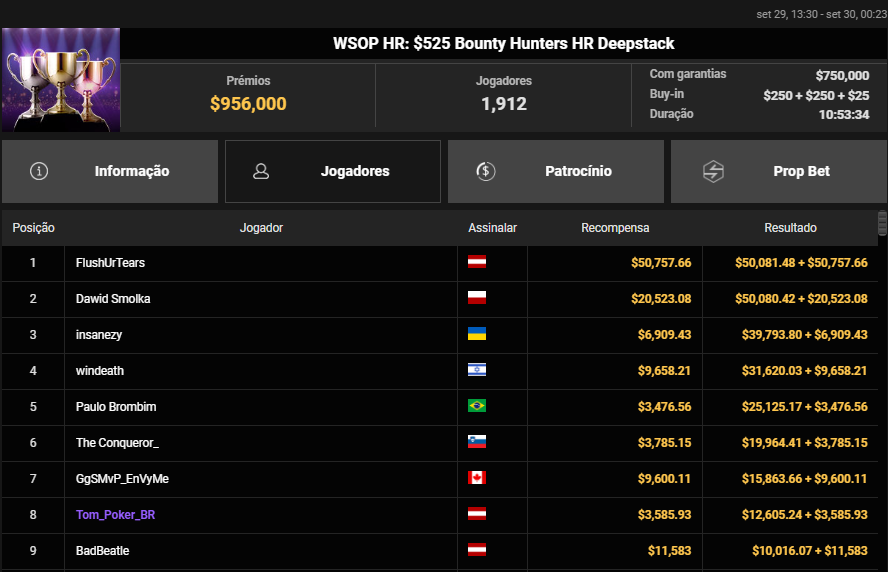 WSOP HR US$ 525 Bounty Hunters HR Deepstack