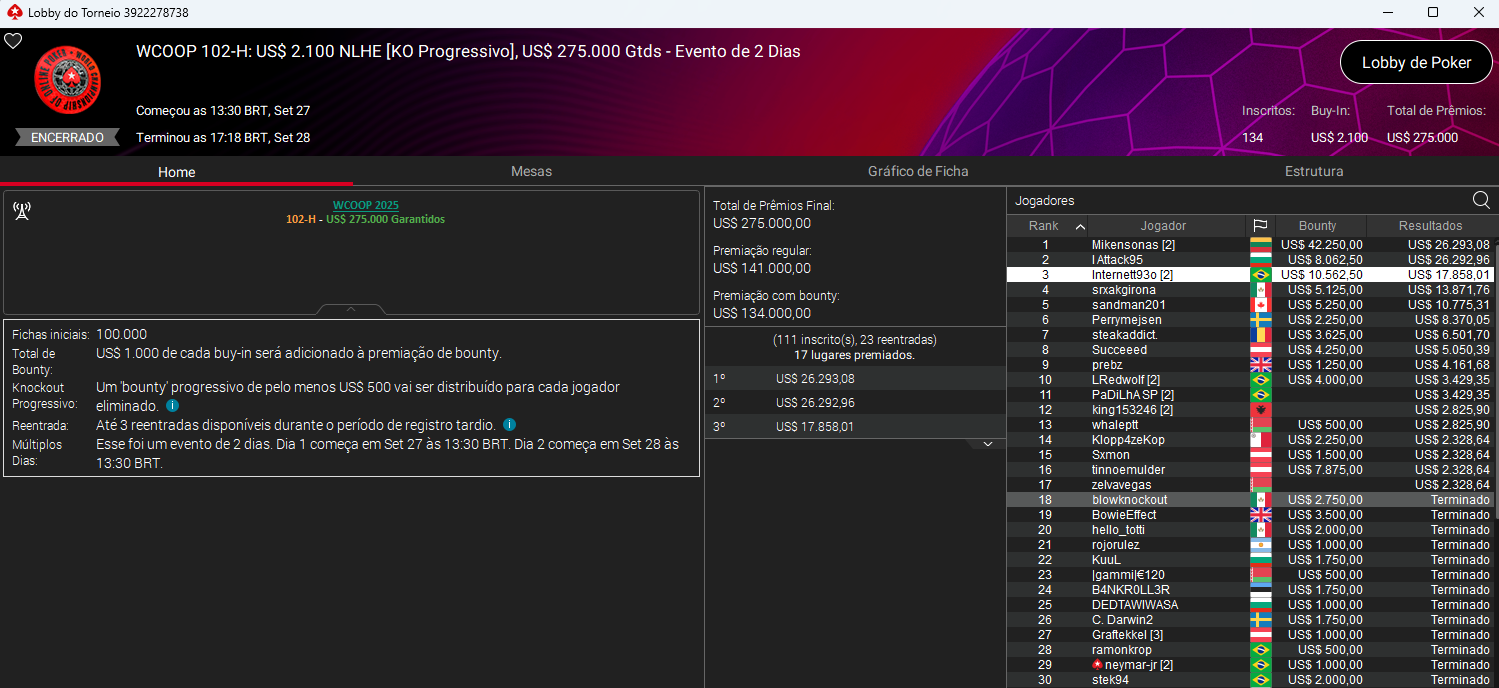 WCOOP #102-H US$ 2.100 NLHE