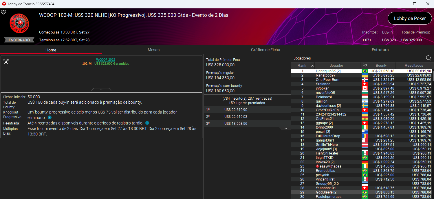 WCOOP #102-M US$ 320 NLHE