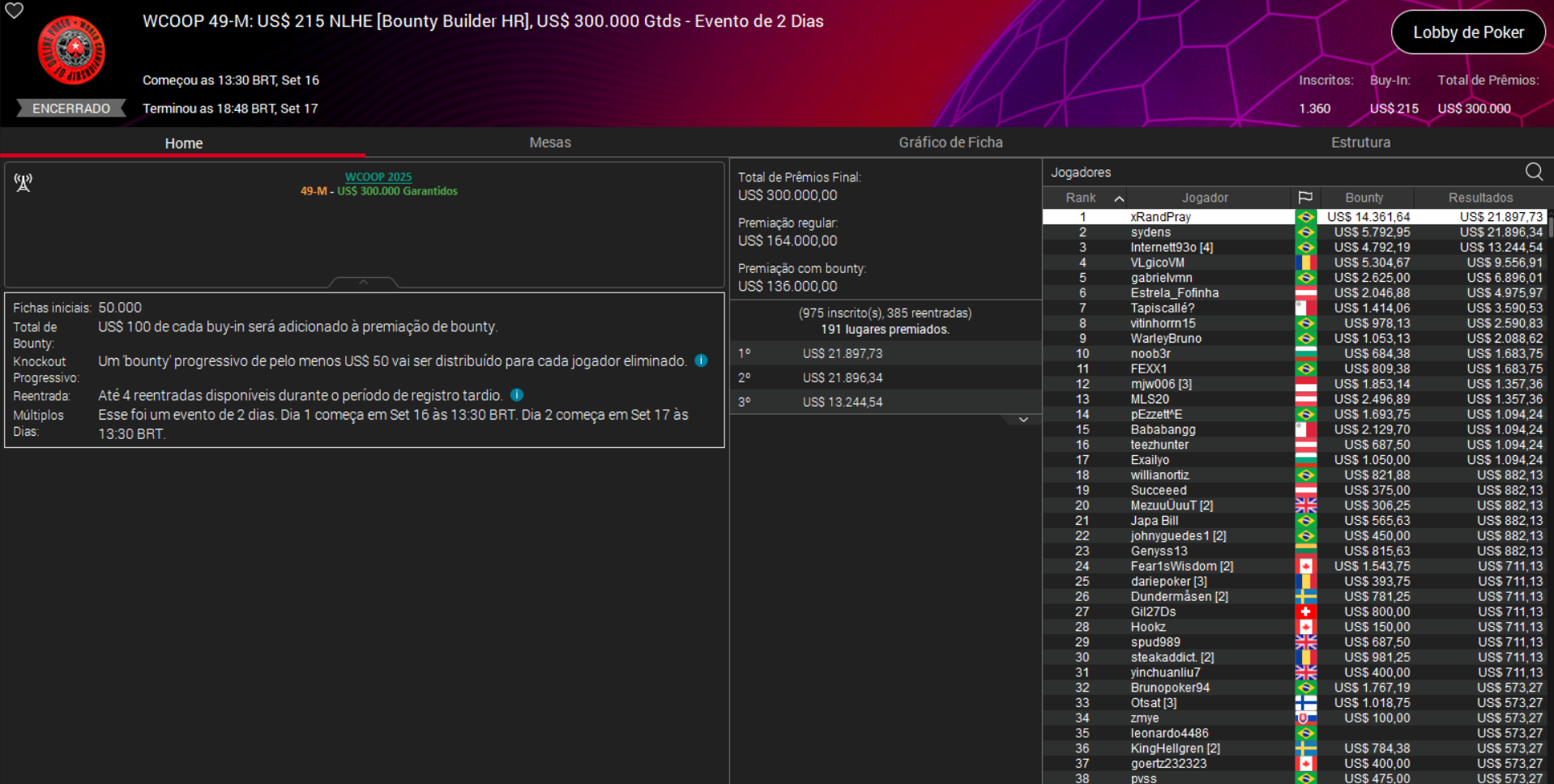 PokerStars WCOOP 49-M US$ 215 NLHE [Bounty Builder HR] 17set2025
