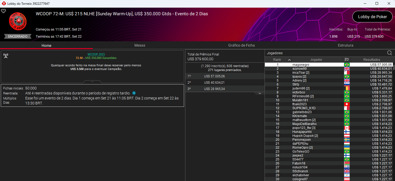 WCOOP 72-M US$ 215 NLHE