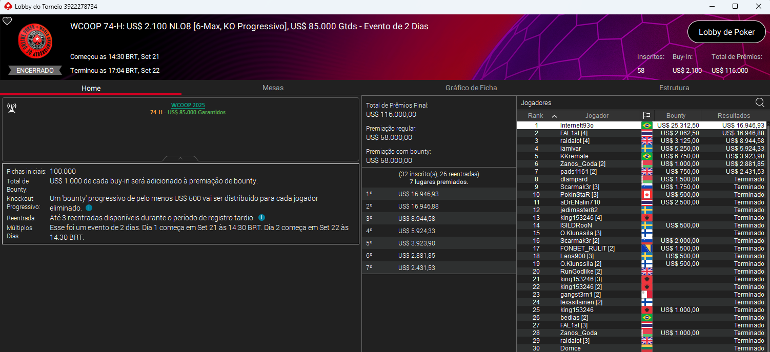 PokerStars WCOOP 74-H US$ 2.100 NLO8 21.09.2025