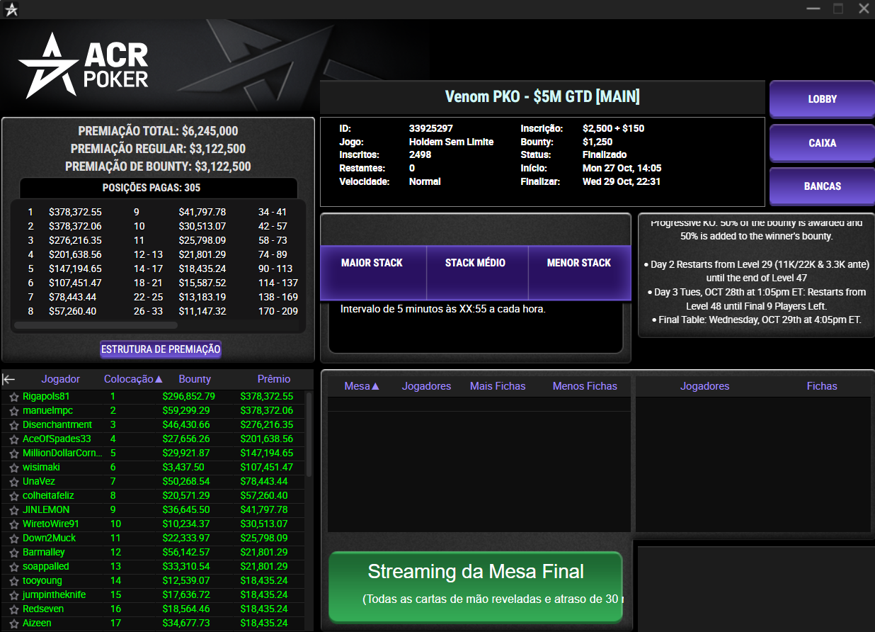 ACR Poker Venom PKO Main Event 30out25