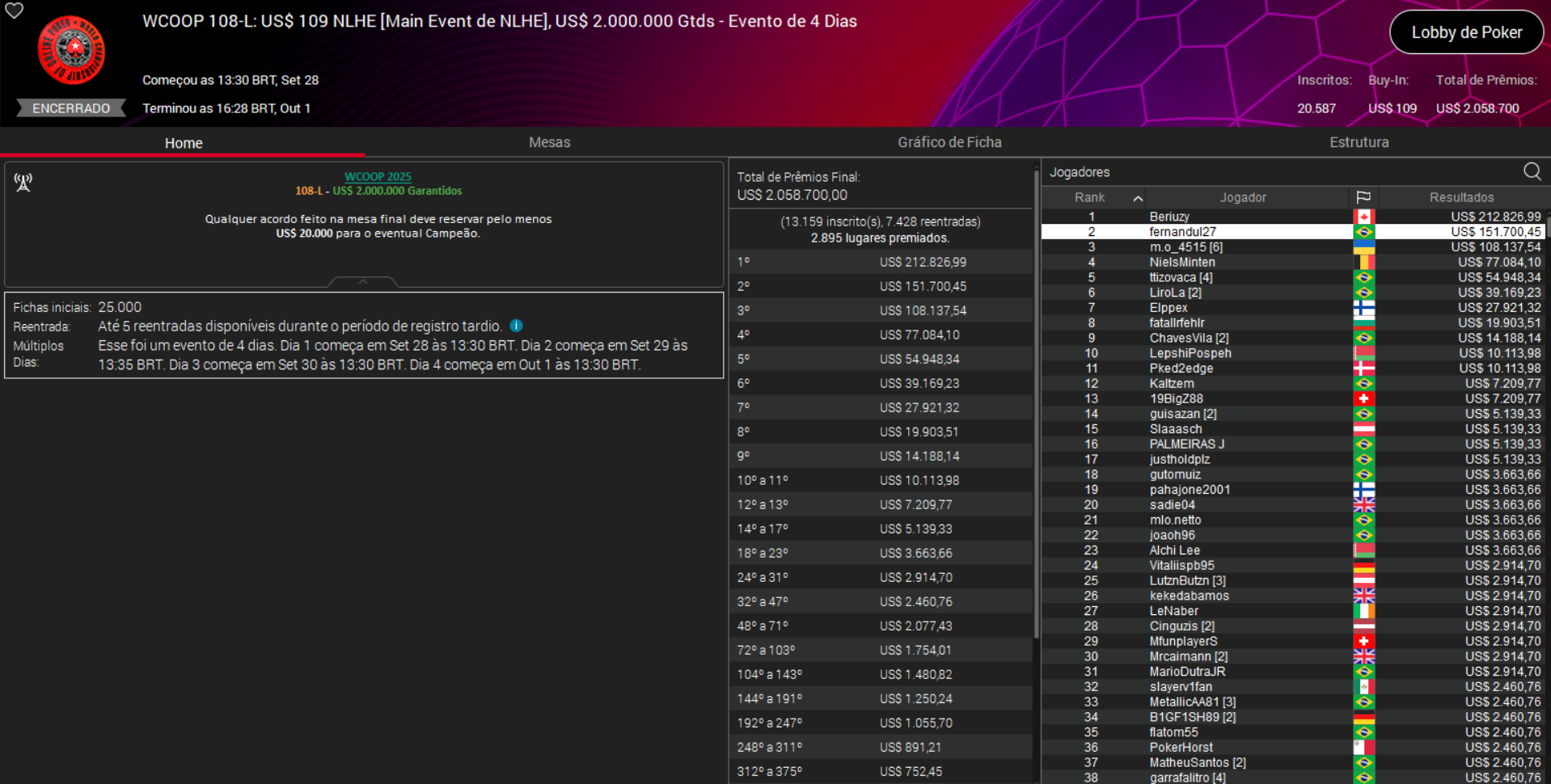 PokerStars WCOOP 108-L US$ 109 NLHE [Main Event] 01out2025