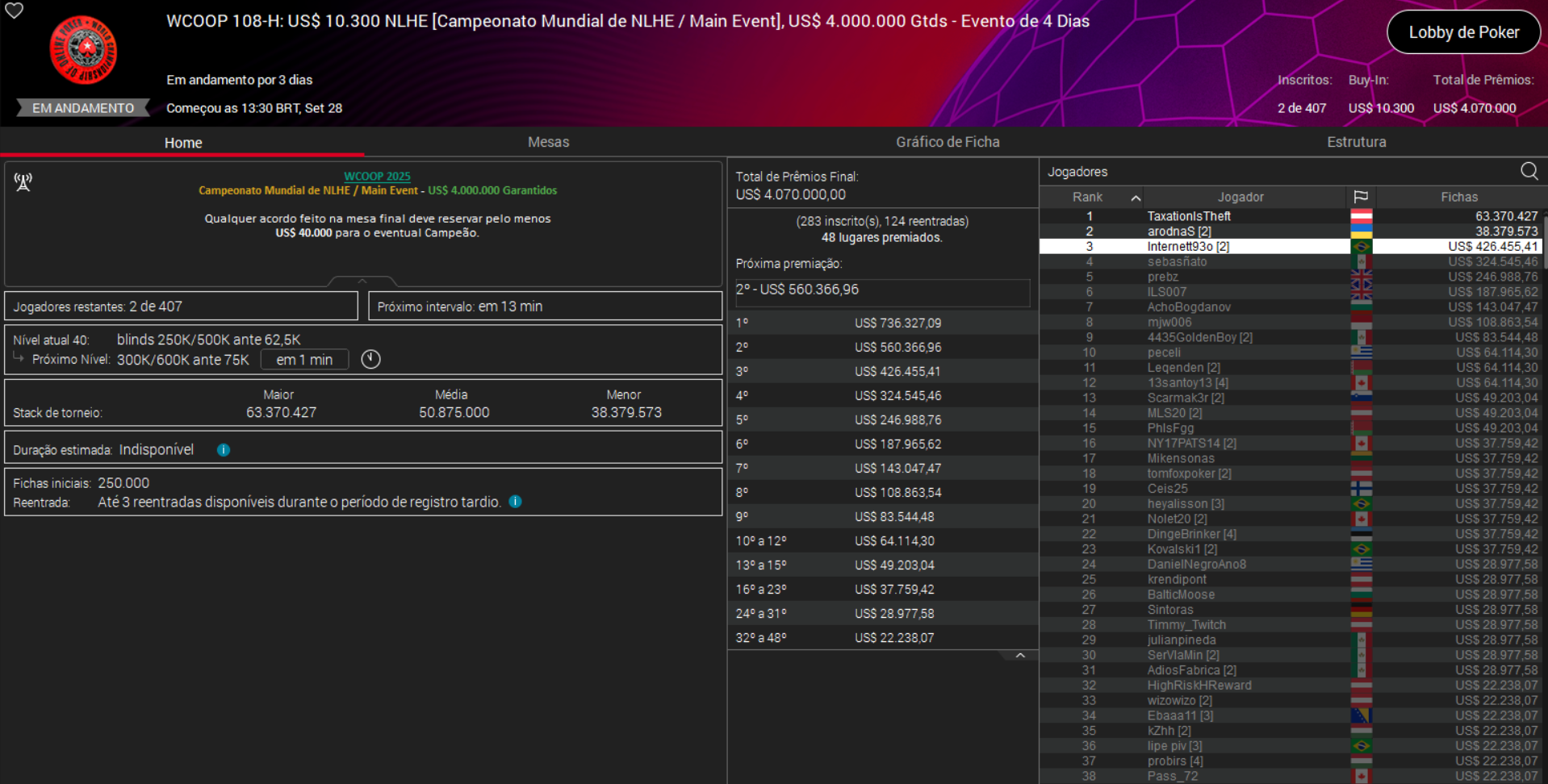 PokerStars WCOOP 118-H US$ 10.300 NLHE [World Championship of NLHE Main Event] 01out2025