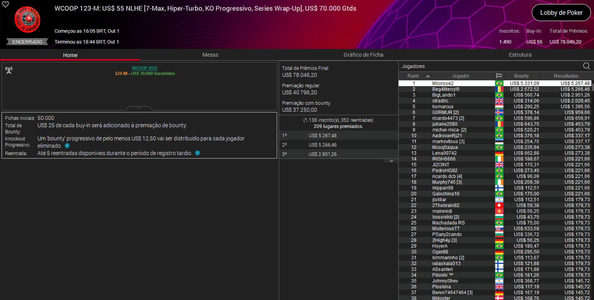 PokerStars WCOOP 123-M US$ 55 NLHE [7-Max PKO] 01out2025