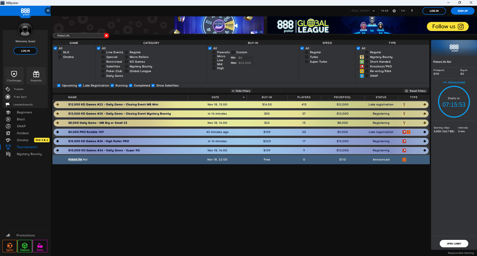 PokerLife Roll Lobby 18.11.2025