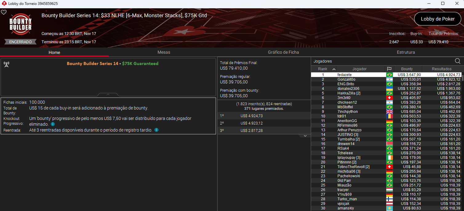 Bounty Builder Series #14 US$ 33 NLHE
