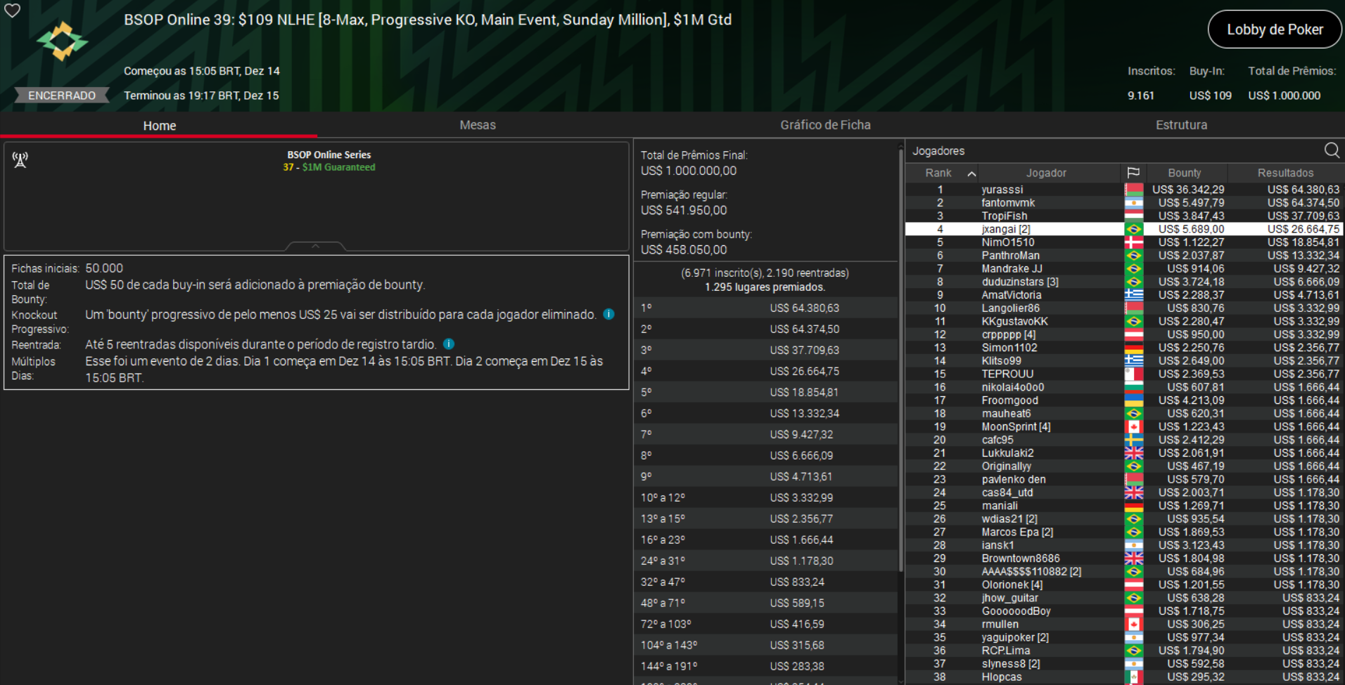 PokerStars BSOP Online 39 US$ 109 NLHE [PKO Sunday Million] 15dez2025