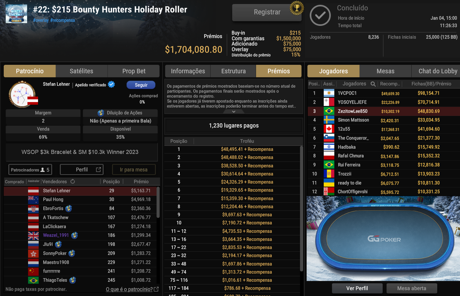 GGPoker Evento #22 US$ 215 Bounty Hunters Holiday Roller 04jan2026