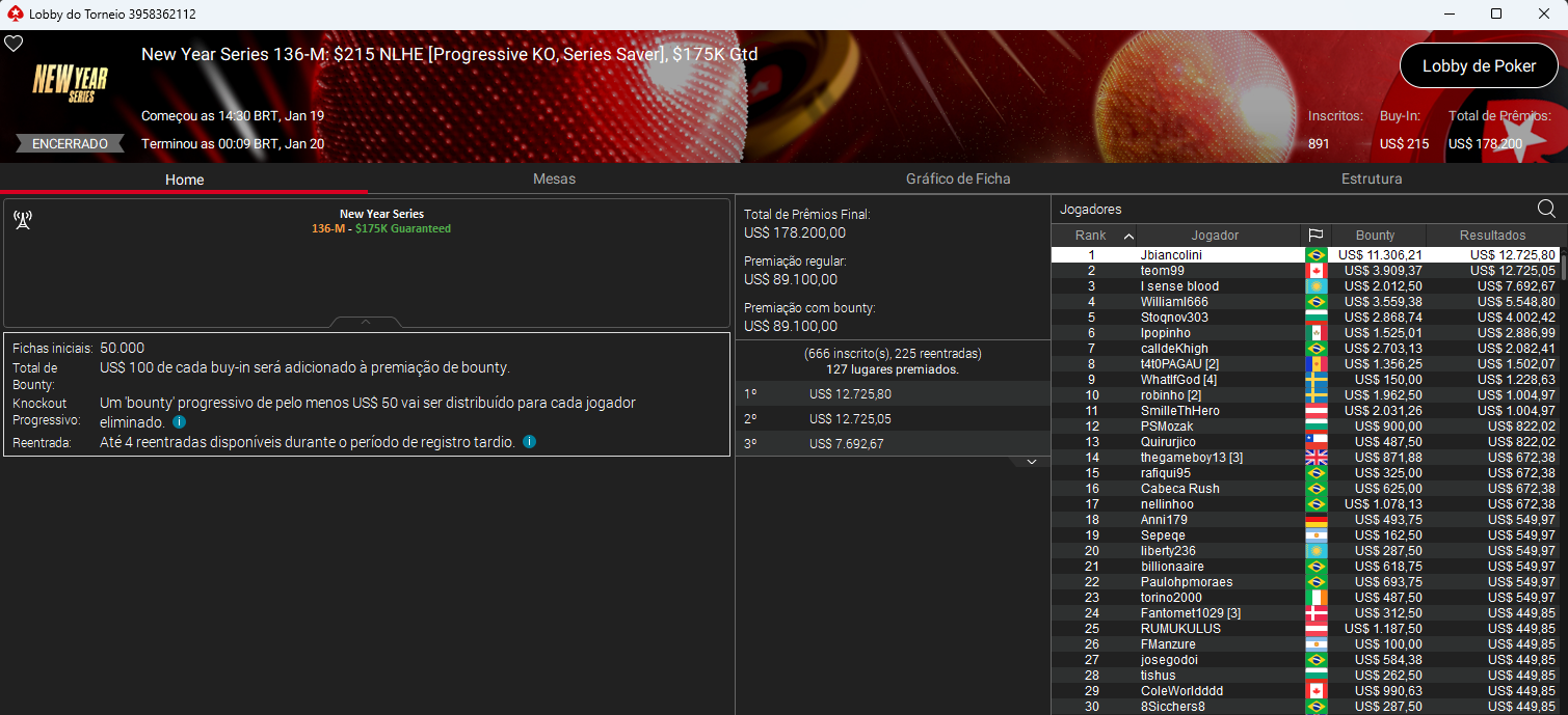 New Year Series #136-M US$ 215 NLHE