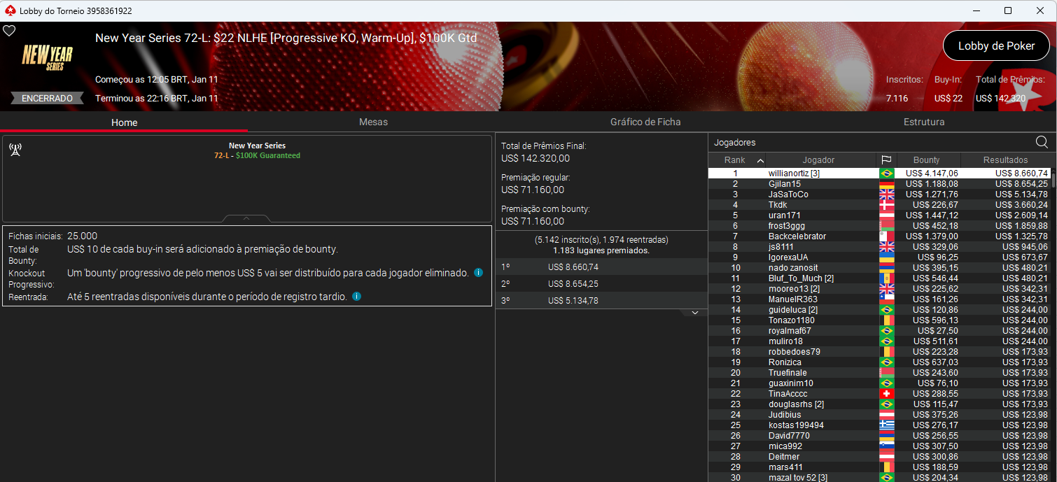 New Year Series #72-L US$ 22 NLHE