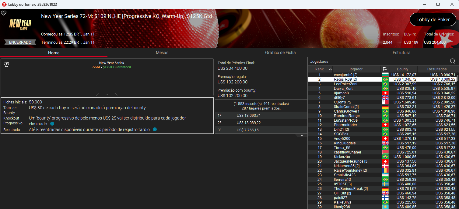 New Year Series #72-M US$ 109 NLHE