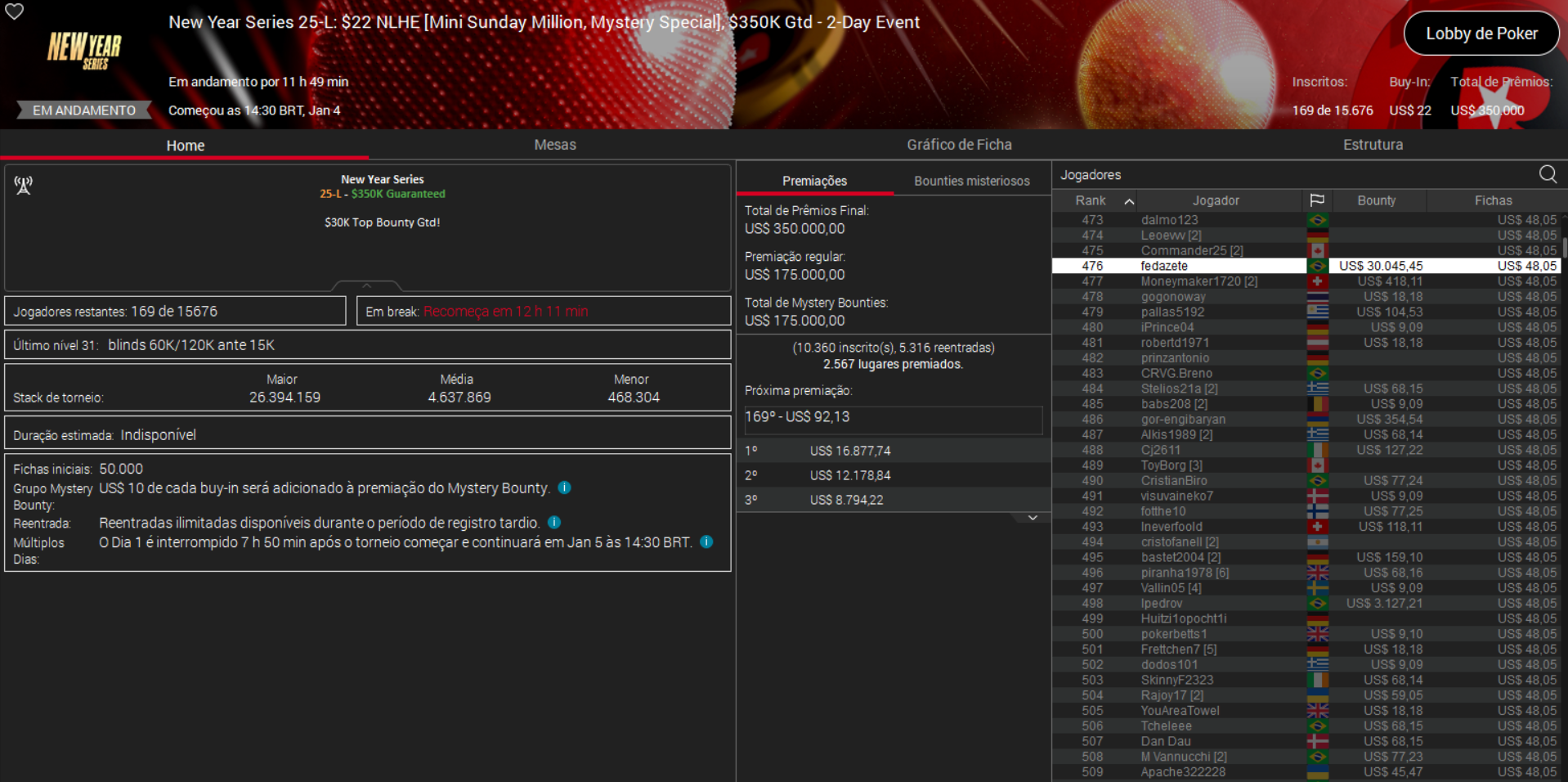 PokerStars New Year Series 25-L: US$ 22 NLHE [Mini Sunday Million Mystery Special] 2 04jan2026
