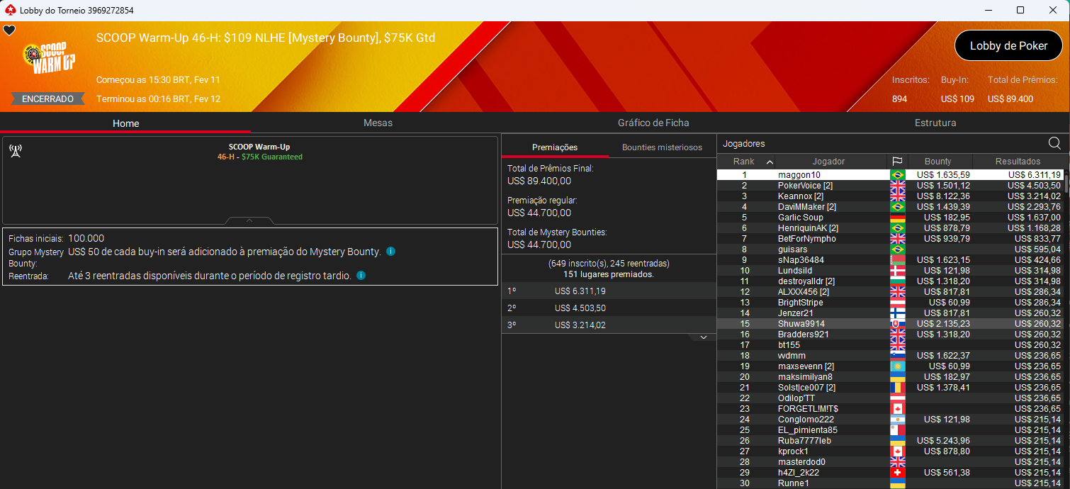 SCOOP Warm-Up #46-H US$ 109 NLHE