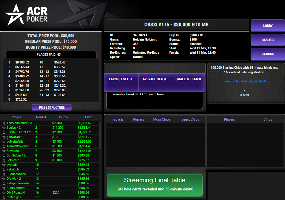 ACR Poker OSSXL #175 11mar26