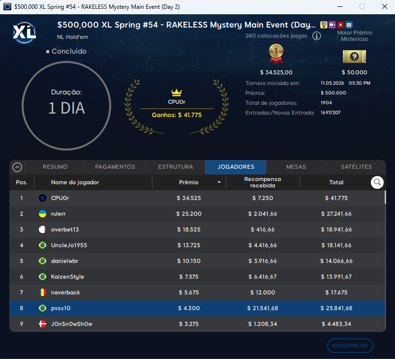 US$ 500.000 XL Spring #54 Rakeless Mystery Main Event