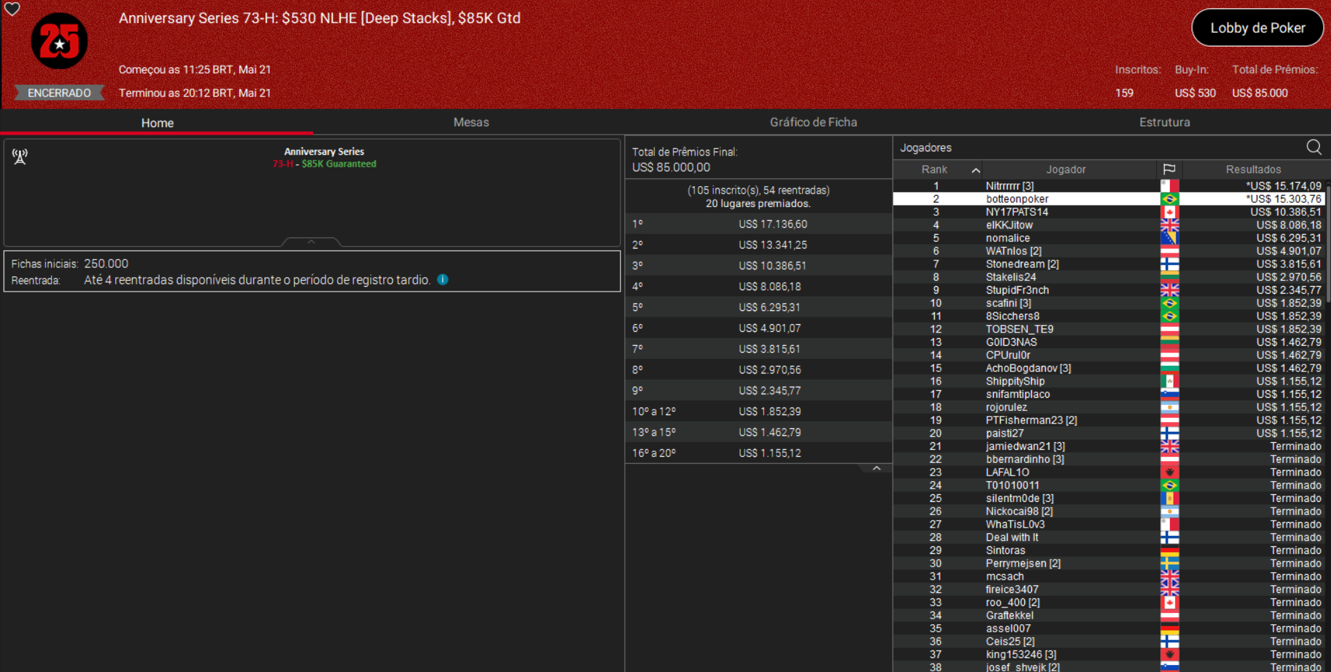 PokerStars Anniversary Series 73-H US$ 530 NLHE [Deep Stacks] 21mai2026