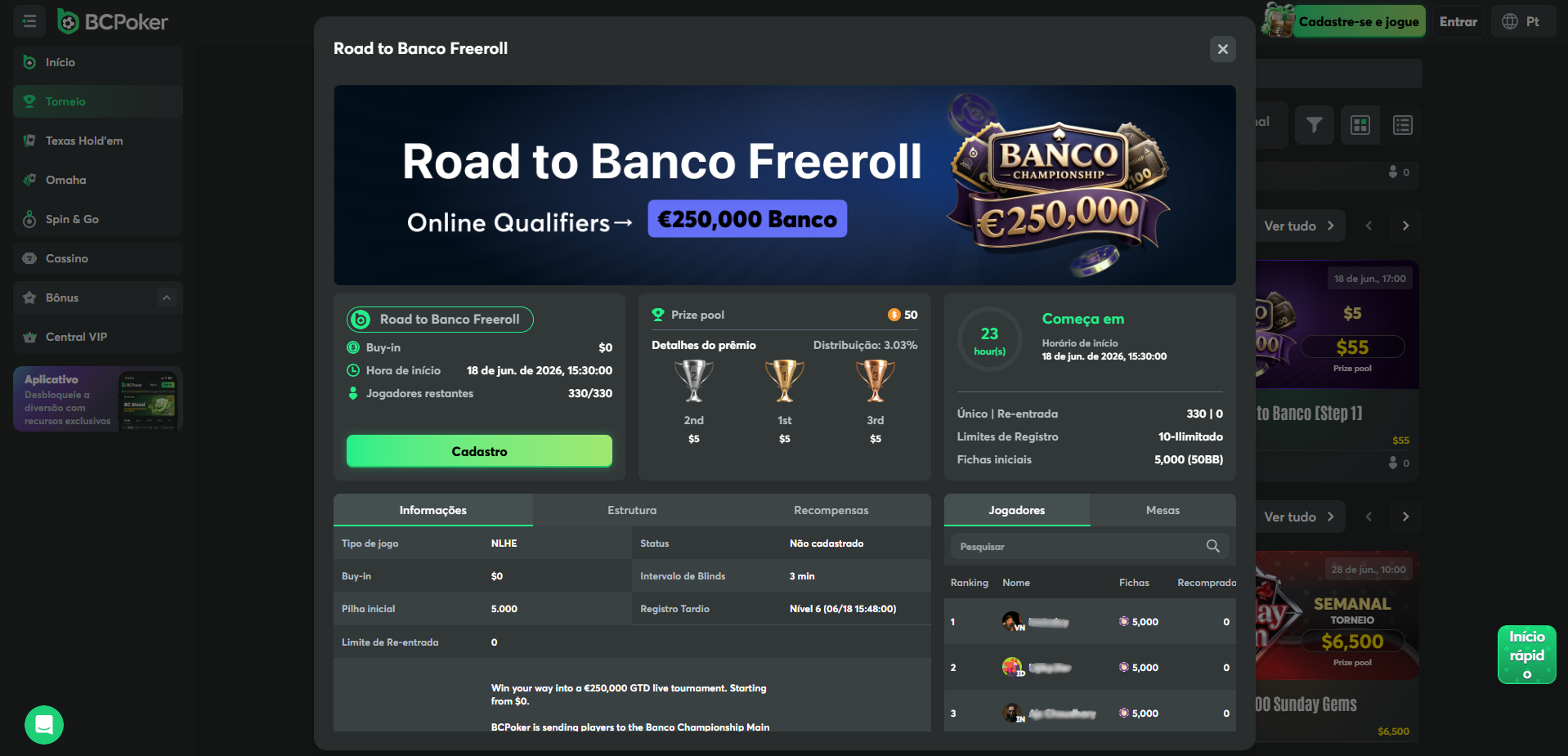 BCPoker Banco Freeroll Layout