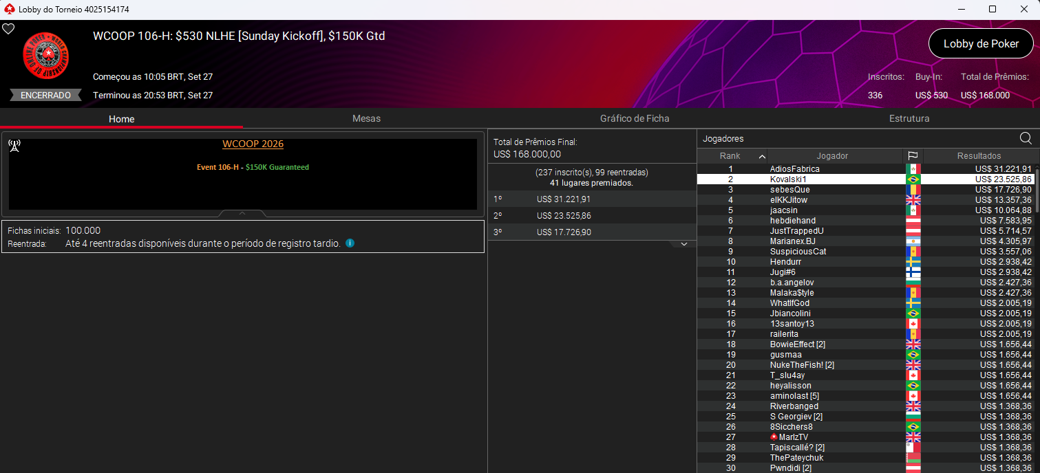 WCOOP #106-H US$ 530 NLHE
