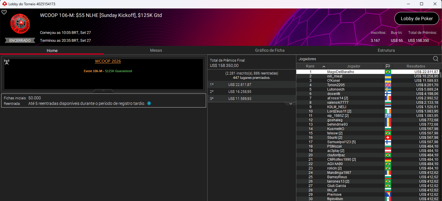 WCOOP #106-M US$ 55 NLHE