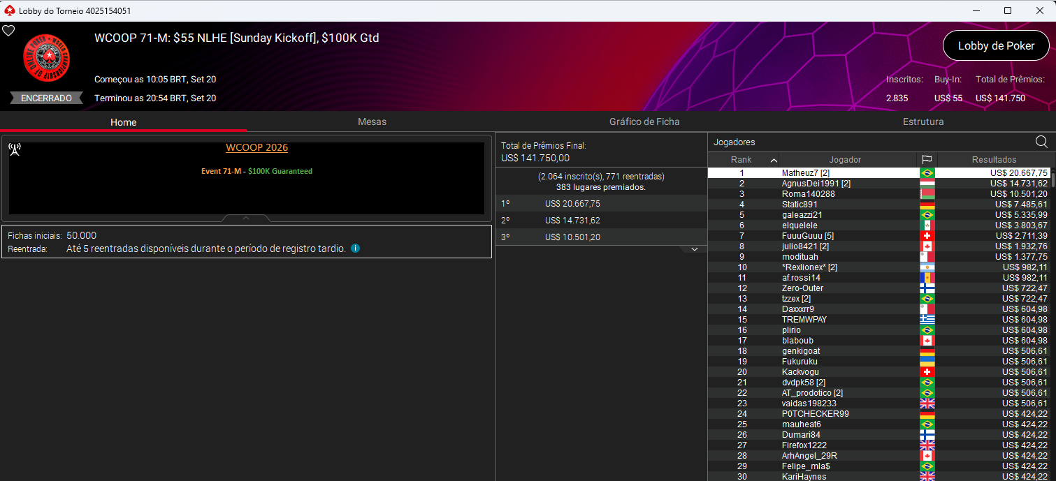 WCOOP #76-H US$ 1.050 NLHE
