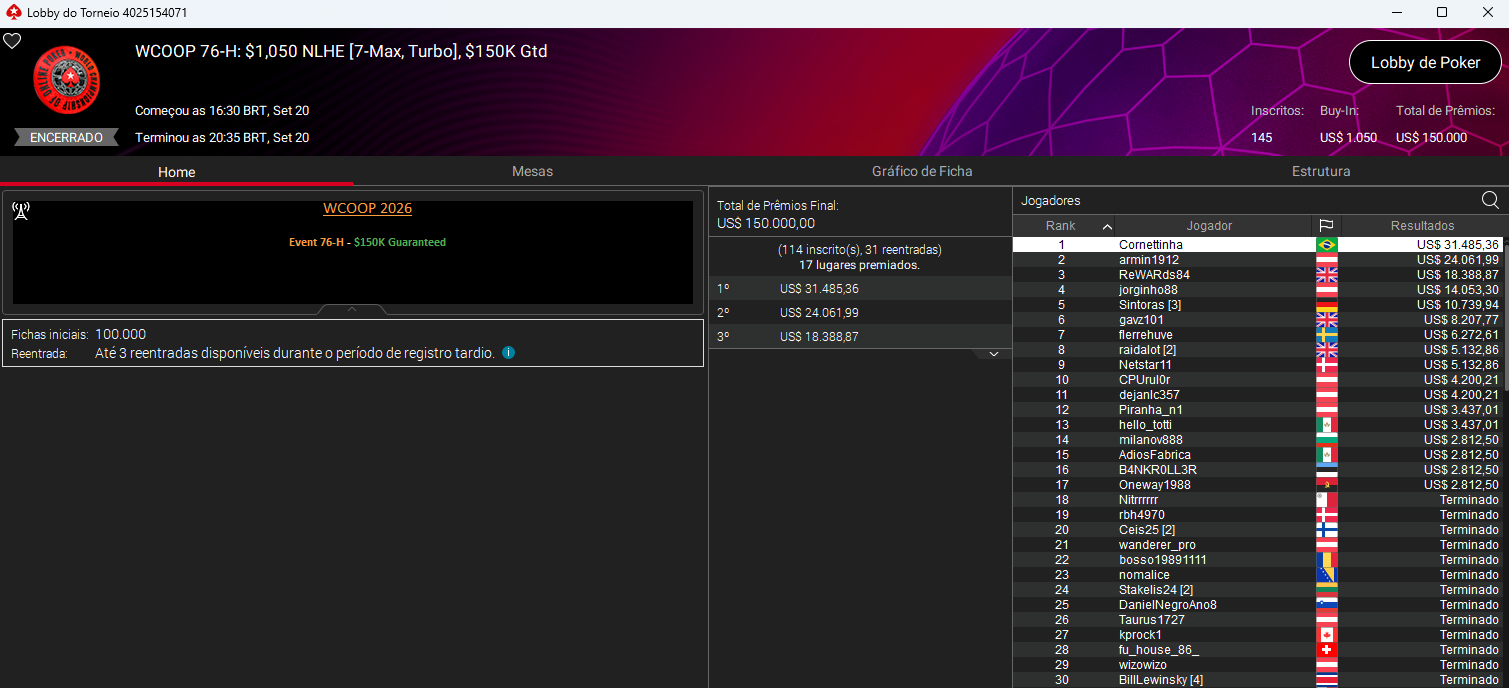 WCOOP #76-H US$ 1.050 NLHE