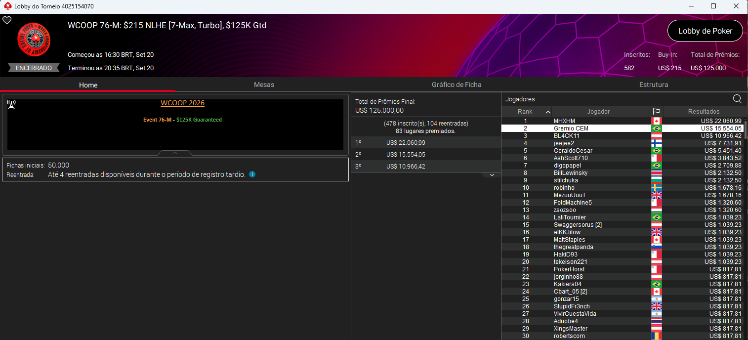 WCOOP #76-M US$ 215 NLHE
