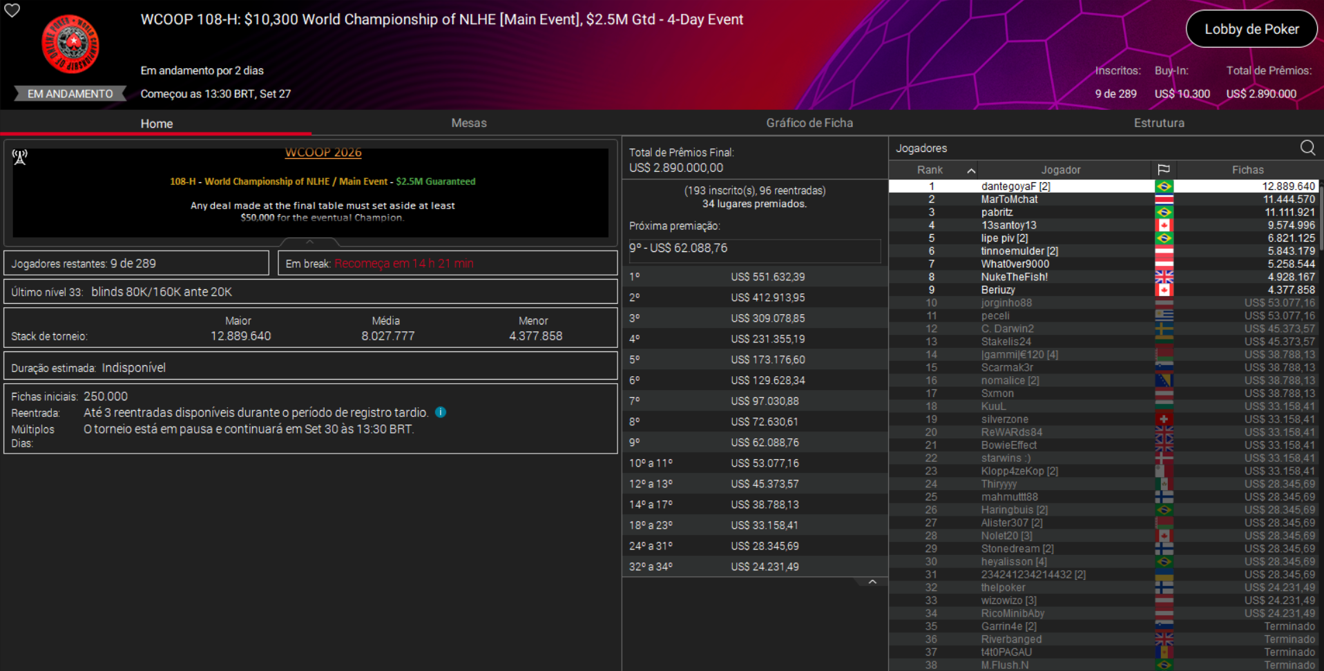 PokerStars WCOOP 108-H US$ 10.300 World Championship of NLHE [Main Event] 29set2026