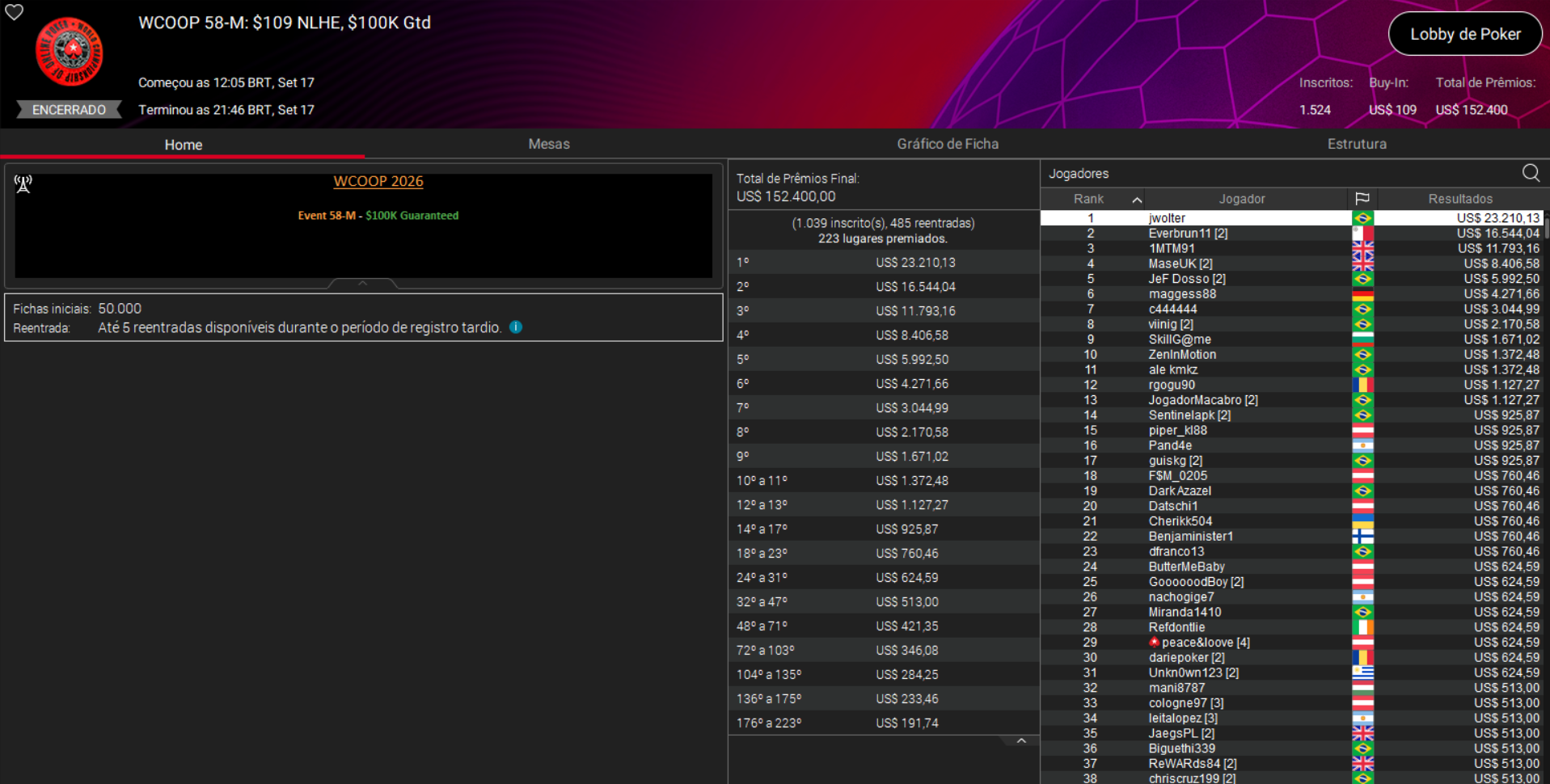 PokerStars WCOOP 58-M US$ 109 NLHE 17set2026