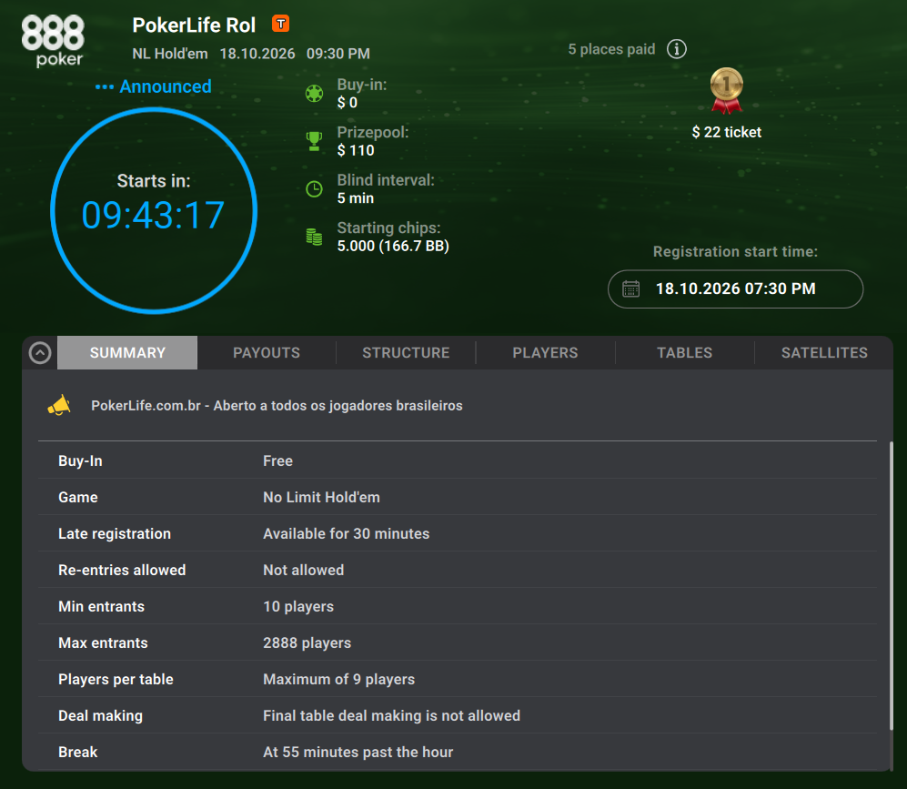 Pokerlife Roll 888poker outubro 18